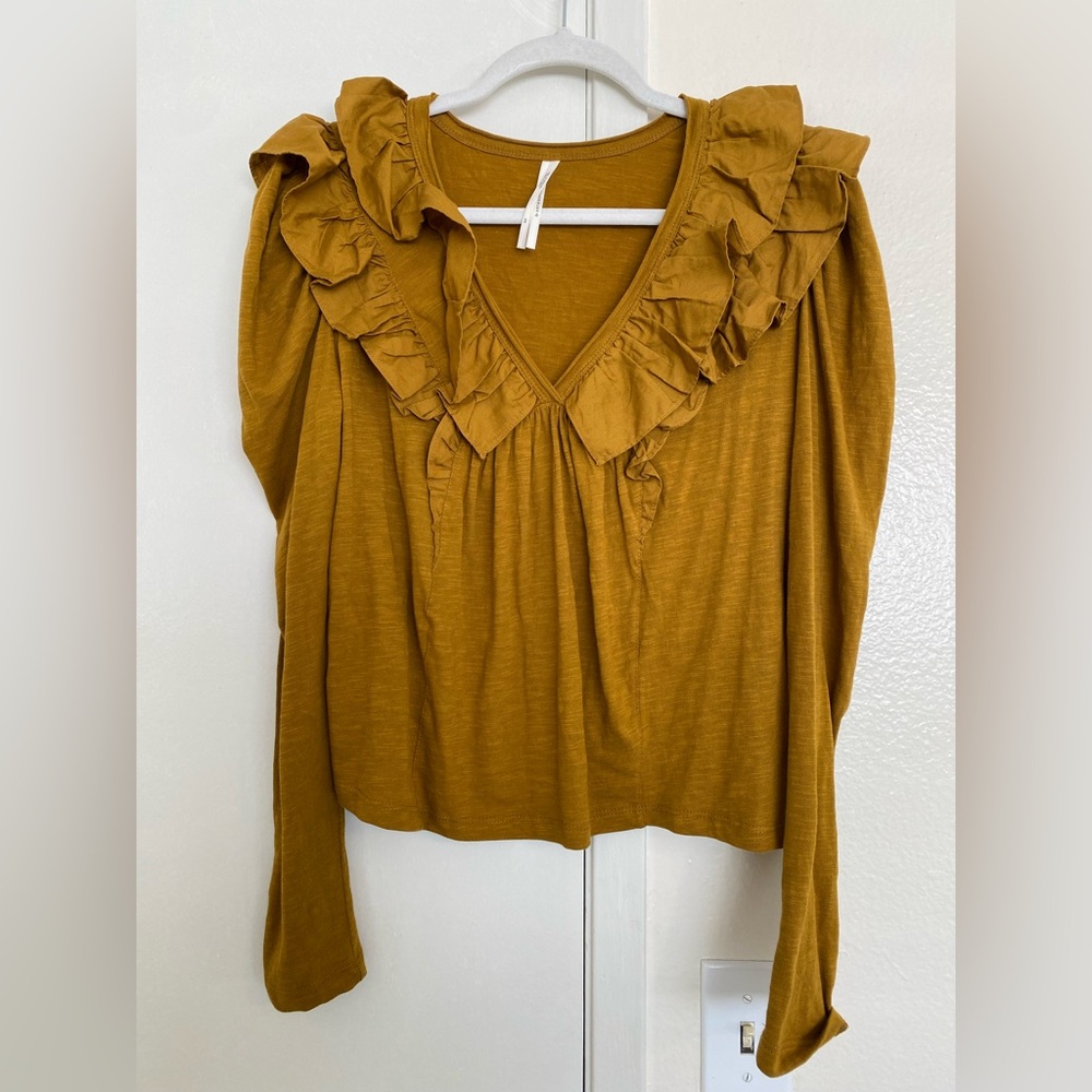Anthropologie Long Sleeve Ruffle Puff Sleeve Mustard Yellow Top Small Petite